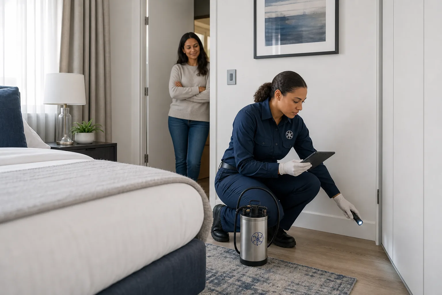 Enviro-Safe technician conducting a discreet residential bedroom inspection