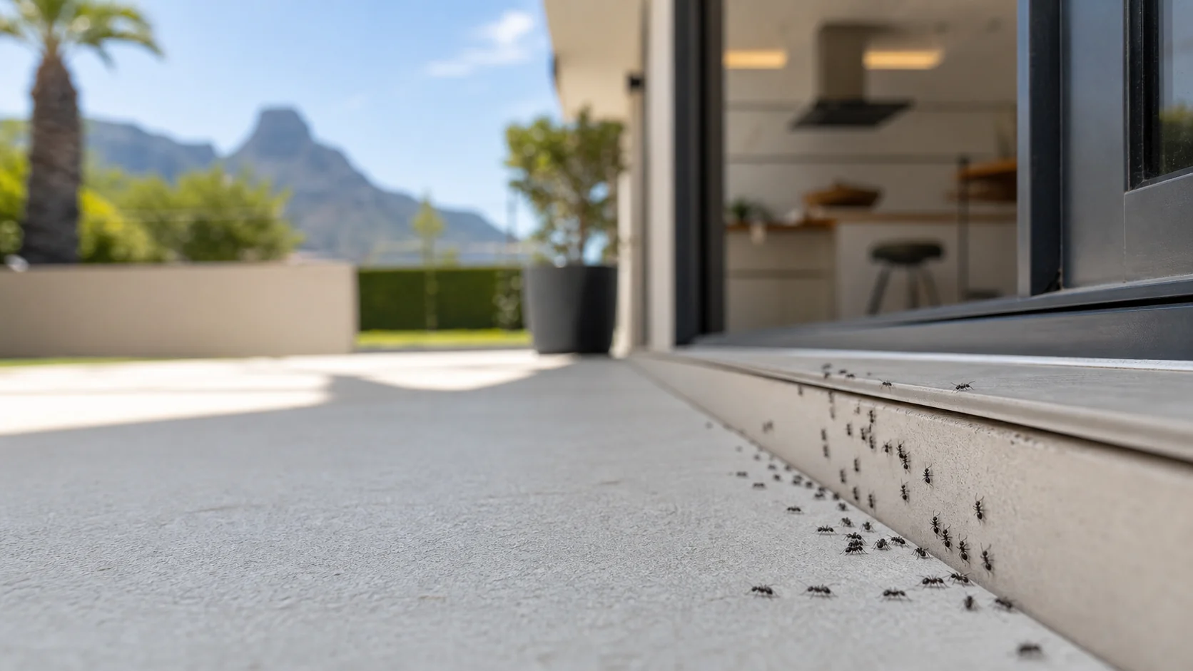 Ant trail inspection at a Cape Town residential threshold and paving edge