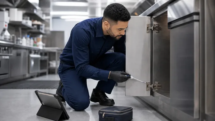 Enviro-Safe technician applying food-safe cockroach gel bait inside a commercial kitchen void