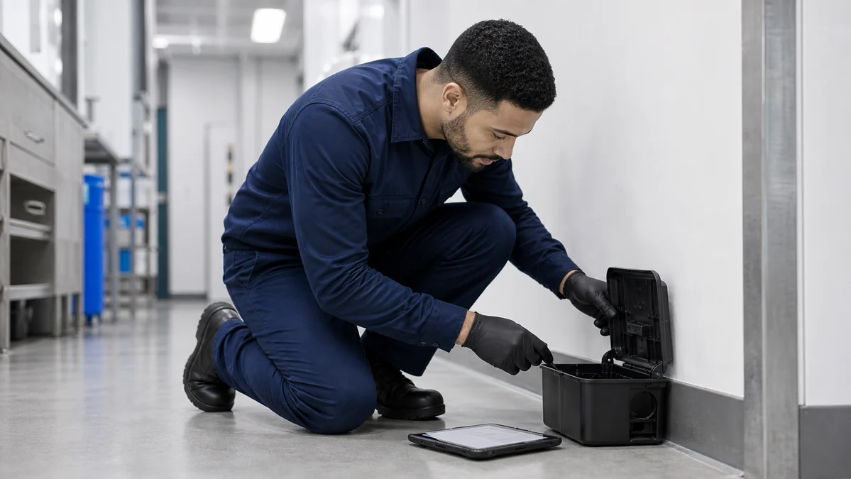 Enviro-Safe technician servicing a tamper-resistant rodent bait station in a Cape Town commercial facility