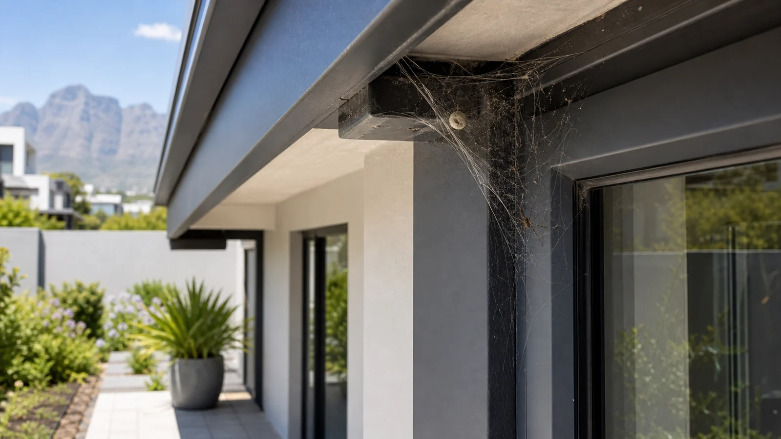 Spider webbing and egg sac warning signs around Cape Town residential eaves