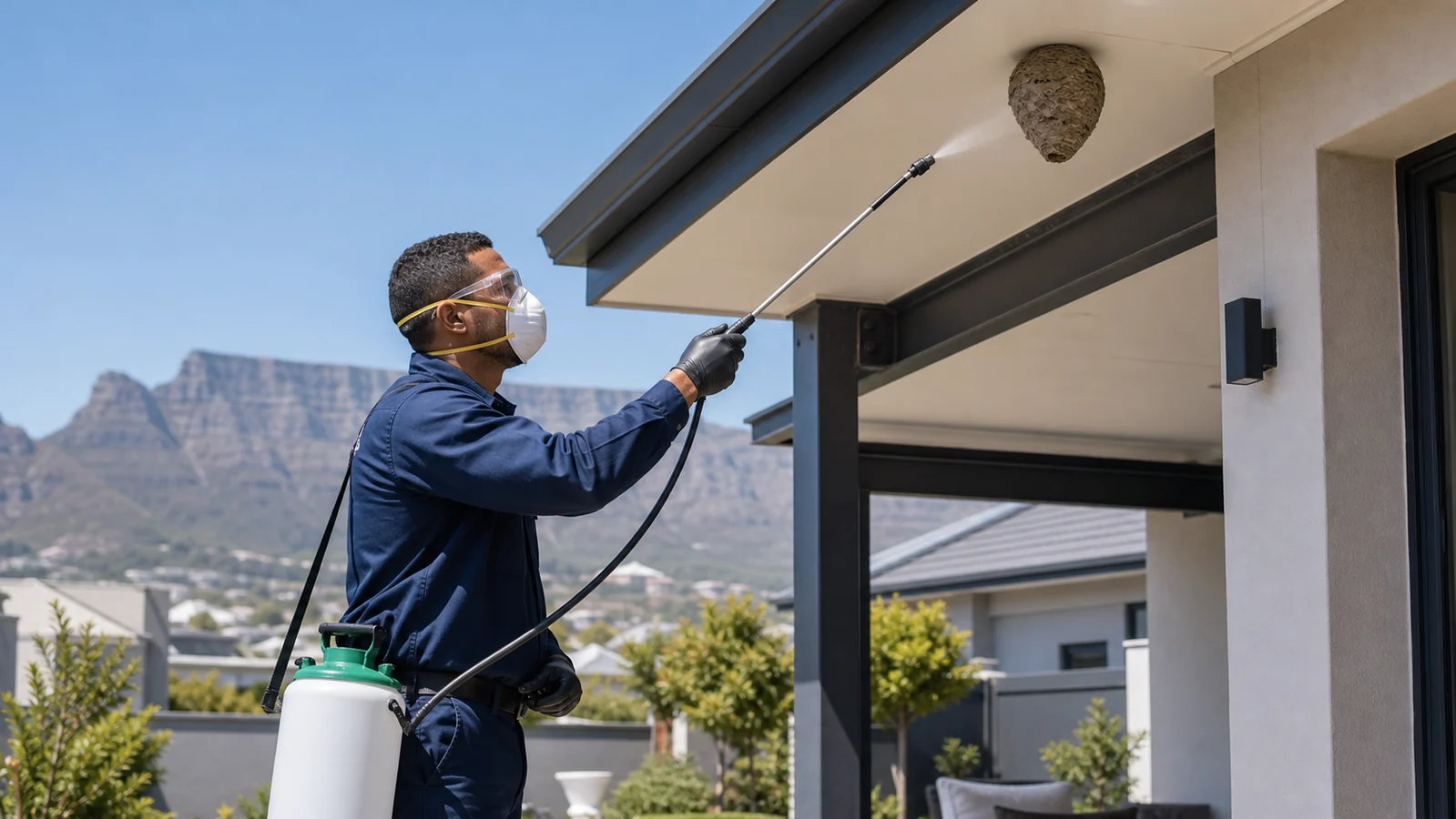 Enviro-Safe technician safely treating an elevated wasp nest at a Cape Town property