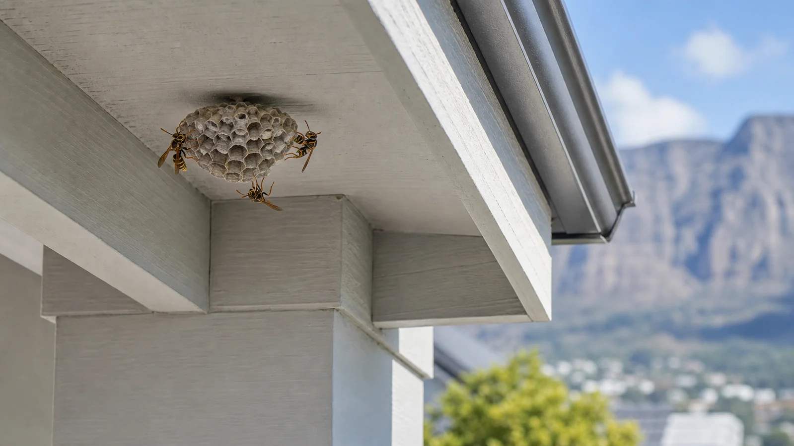 Active wasp nest under Cape Town residential roof eaves during inspection