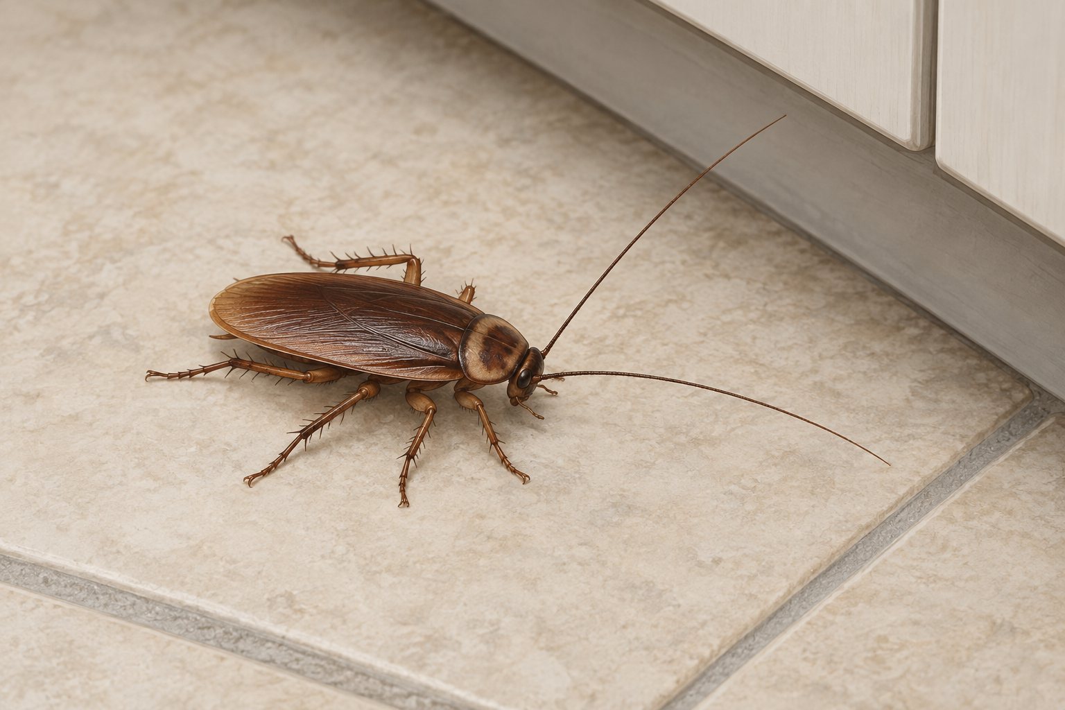 AI-generated illustration of a brown cockroach beside a kitchen cabinet.