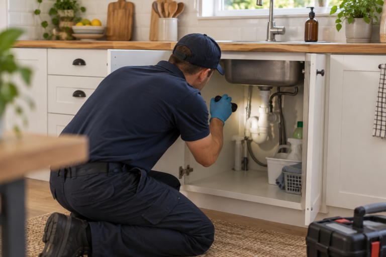 AI illustration of a pest technician inspecting beneath a kitchen sink with a flashlight.